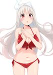  albino alternate_costume ass_visible_through_thighs bikini blush breasts commentary_request ghost hands_together large_breasts long_hair looking_at_viewer murio open_mouth red_bikini red_eyes solo stomach swimsuit thighs triangular_headpiece white_hair yunohana_yuuna yuragisou_no_yuuna-san 