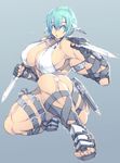  1girl blue_eyes blue_hair breasts cleavage copyright_request female fingerless_gloves gloves jin-jin knife large_breasts muscle muscular_female sandals solo weapon 