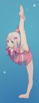  &gt;:) absurdres arched_back arm_up bangs bare_legs barefoot blue_background blue_eyes bow closed_mouth commentary eromanga_sensei feet flexible foreshortening frills from_side full_body gradient gradient_background grey_hair hair_bow highres izumi_sagiri leg_lift leg_up long_hair long_sleeves looking_at_viewer navel neck_ribbon outstretched_arms pajamas plantar_flexion purple_bow revision ribbon shorts smile smug soe solo split standing standing_on_one_leg standing_split star stretch tareme v v-shaped_eyebrows wing_collar 