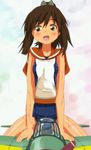  aircraft airplane animated animated_gif bouncing brown_eyes brown_hair hangaku i-401_(kantai_collection) kantai_collection open_mouth ponytail school_swimsuit solo swimsuit swimsuit_under_clothes wet 