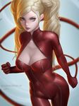  blonde_hair blue_eyes blurry bodysuit breasts cleavage depth_of_field highres large_breasts latex lolliedrop long_hair looking_at_viewer persona persona_5 red_bodysuit skin_tight solo takamaki_anne twintails whip 