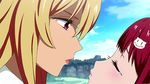  2girls animated_gif blonde_hair blush clouds eyes_closed hair_ornament kiss looking_at_another multiple_girls pink_eyes pink_hair shikishima_mirei sky surprised tokonome_mamori valkyrie_drive valkyrie_drive_-mermaid- yuri 