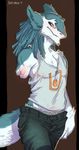  2017 absurd_res amputee anthro blattarieva blue_fur blush clothing fluffy fur grey_eyes hi_res jeans looking_away male mammal pants sergal shirt simple_background smile solo standing tank_top 