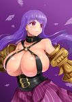  bare_shoulders breasts fate/extra fate/extra_ccc fate_(series) gigantic_breasts highres kuramori2gou long_hair looking_to_the_side o-ring o-ring_top passion_lip pinstripe_pattern purple_background purple_eyes purple_hair simple_background skindentation solo striped 