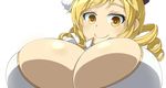  1girl blonde_hair breasts brown_eyes cleavage drill_hair huge_breasts long_hair looking_at_viewer mahou_shoujo_madoka_magica simple_background sinensian smile solo tomoe_mami twin_drills upper_body white_background 