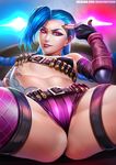  badcompzero belt blue_hair braid breasts jinx_(league_of_legends) league_of_legends lips long_hair looking_at_viewer navel nipples parted_lips pink_legwear purple_eyes revision single_thighhigh small_breasts solo spread_legs thigh_strap thighhighs thighs twin_braids 
