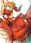  ahoge ass back_cutout bangs bent_over blonde_hair braid breasts commentary_request dress epaulettes fal_maro fate/extra fate_(series) from_side green_eyes hair_intakes hair_ribbon highres large_breasts looking_at_viewer looking_to_the_side nero_claudius_(fate) nero_claudius_(fate)_(all) parted_lips red_dress red_ribbon ribbon short_hair solo wide_sleeves 