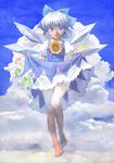  barefoot bloomers blue_eyes bow cirno cloud commentary dress flower full_body graphite_(medium) hair_bow hidden_star_in_four_seasons ice ice_wings looking_at_viewer misawa_hiroshi open_mouth puffy_short_sleeves puffy_sleeves short_hair short_sleeves skirt_hold sky smile solo sunflower tan tanline tanned_cirno texture touhou traditional_media underwear watercolor_(medium) white_skin wings 