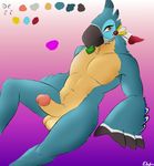  anthro avian balls breath_of_the_wild condom condom_in_mouth dezz ebd edit feathers hi_res kass_(zelda) looking_at_viewer lying male nintendo nude penis pinup pose reclining rito smile the_legend_of_zelda upscaled video_games 