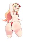  @_@ arm_behind_head arm_up armpits ass back bare_back bikini blush bow bra bra_pull breasts brown_eyes closed_mouth cropped_legs eromanga_sensei from_behind hair_bow hairband highres long_hair looking_at_viewer looking_back medium_breasts nervous_smile nipples okamen red_bikini red_bow solo string_bikini swimsuit thong transparent_background underwear yamada_elf 