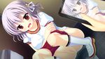  1girl annoyed azumi_kazuki blush breasts buruma buruma_pull censored crossed_arms curly_hair dewa_azusa dutch_angle flower grey_hair gym_shirt gym_uniform hair_flower hair_ornament hair_ribbon hen_koi:_ooyoso_kuro_rekishi indoors large_breasts mosaic_censoring open_mouth panties panty_pull pee peeing pussy recording red_buruma red_eyes restroom_stall ribbon shirt shoes short_hair socks solo_focus squat_toilet squatting tablet_pc tile_floor tiles toilet_paper toilet_use underwear white_legwear white_ribbon yellow_panties 