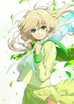  blonde_hair brown_eyes green green_skirt holding kawai_makoto leaf long_hair looking_at_viewer original pleated_skirt sailor_collar school_uniform skirt smile solo white_background wind 