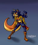  anonytitmouse anthro blue_hair canid canine carmelita_fox clothing digital_media_(artwork) female fox fur hair humanoid mammal simple_background sly_cooper_(series) solo tight_clothing video_games white_fur 