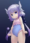  :t black_hairband blue_eyes blush casual_one-piece_swimsuit covered_navel dragon_girl dragon_horns eyebrows_visible_through_hair frilled_swimsuit frills hairband horns kai_(link2262) kanna_kamui kobayashi-san_chi_no_maidragon lavender_hair long_hair one-piece_swimsuit pout slit_pupils solo swimsuit tail twintails 