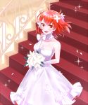  1girl :d bouquet bow breasts choker cleavage collarbone dress eyebrows_visible_through_hair fate/grand_order fate_(series) floating_hair flower fujimaru_ritsuka_(female) gloves hair_between_eyes hair_flower hair_ornament holding holding_bouquet indoors long_dress medium_breasts one_side_up open_mouth orange_eyes red_hair short_hair sleeveless sleeveless_dress smile solo stairs strapless strapless_dress white_bow white_dress white_flower white_gloves xrfc8473 