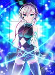  anastasia_(idolmaster) bare_shoulders blue_eyes breasts commentary_request gen_(enji) gloves headphones idolmaster idolmaster_cinderella_girls idolmaster_cinderella_girls_starlight_stage medium_breasts navel nothing_but_you short_hair silver_hair solo tattoo thighhighs 