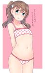  :d aqua_eyes arms_behind_back bangs bare_shoulders blush border bra brown_hair collarbone commentary_request cowboy_shot eyebrows_visible_through_hair flat_chest frilled_bra frilled_panties frills groin hair_ribbon heart legs_together long_hair looking_at_viewer mole mole_on_body navel nekoume open_mouth original outside_border panties pink_background polka_dot polka_dot_bra polka_dot_panties raised_eyebrows ribbon simple_background smile solo standing stomach tareme translation_request twintails underwear white_border white_ribbon 