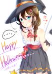  ... 1girl 2016 alternate_costume ascot black_gloves black_hat black_skirt blue_eyes blush bow braid breasts brown_hair choker cleavage dated eyebrows_visible_through_hair frilled_shirt frills gloves hair_between_eyes hair_bow hair_ornament hair_over_shoulder halloween_costume happy_halloween hat high-waist_skirt highres holding kantai_collection leaning_forward long_hair mashiro_aa medium_breasts miniskirt pleated_skirt red_bow red_neckwear shigure_(kantai_collection) shirt simple_background single_braid skirt sleeveless sleeveless_shirt solo speech_bubble strapless_shirt white_background white_shirt witch_hat 