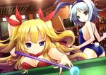  2girls animal_ears anne_bonny_(fate/grand_order) ass back bare_shoulders blonde_hair blue_eyes blue_hair breasts bunny_suit cleavage fate/grand_order fate_(series) green_eyes hair_ornament hairband long_hair mary_read_(fate/grand_order) medium_breasts multiple_girls ribbon short_hair small_breasts smile tail twintails 