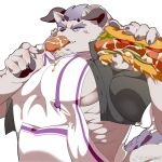  behemoth_(housamo) clothing eating food hoodie horn hot_dog jan_jump_jump male monster muscular muscular_male pecs sandwich_(disambiguation) tokyo_afterschool_summoners video_games 