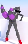  2_tails breasts butt canine clothing footwear grey_body high_heels looking_at_viewer mammal multi_tail open_mouth shoes side_boob simple_background solo standing white_eyes 