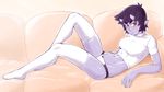  :&lt; abs bare_arms black_hair bow bow_panties breasts couch crop_top eyebrows_visible_through_hair full_body groin highres horns ittla large_breasts looking_at_viewer midriff navel no_shoes oni_horns orange_eyes original panties pointy_ears purple_skin reclining shirt short_hair slit_pupils solo t-shirt thick_eyebrows thighhighs ume_(ittla) underwear white_legwear white_shirt 