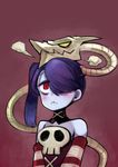  bare_shoulders blue_hair blue_skin blush detached_collar detached_sleeves hair_over_one_eye highres leviathan_(skullgirls) looking_up nishiide_kengorou red_eyes side_ponytail skull skullgirls squigly_(skullgirls) stitched_mouth stitches striped striped_sleeves upper_body zombie 