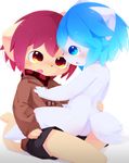  amber_eyes anthro aoino blue_eyes blue_hair blush butt canine cat clothed clothed/nude clothing dog eye_contact feline fur hair male male/male mammal nude on_lap open_mouth red_ahir scarf shorts simple_background sitting_on_lap tan_fur white_background 