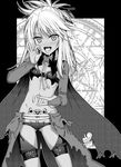  40010prototype ass_visible_through_thighs blush breasts bridal_gauntlets cape chloe_von_einzbern cum cum_in_mouth dark_skin fate/kaleid_liner_prisma_illya fate_(series) fellatio_gesture greyscale highres long_hair looking_at_viewer magic_circle monochrome navel open_mouth oral_simulation pubic_tattoo sexually_suggestive small_breasts solo spread_navel standing tattoo torn_clothes underwear 