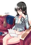  black_eyes black_hair blue_shirt blue_skirt book couch glasses hairband_removed hand_on_own_cheek kantai_collection long_hair mikage_takashi navel no_pants ooyodo_(kantai_collection) panties partially_unbuttoned reading shirt skirt skirt_removed solo thighhighs_removed underwear white_panties 