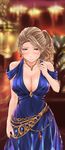 belt blush breasts brown_eyes chandelier covered_navel covered_nipples dress earrings evening_gown frown granblue_fantasy highres indoors jewelry katalina_aryze large_breasts nail_polish navel necklace nightgown no_bra ponytail shiro_(maple_syrup9) side_ponytail 