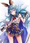  animal_ears bare_shoulders blue_hair breasts earrings ferry_(granblue_fantasy) granblue_fantasy jewelry long_hair looking_at_viewer medium_breasts sideboob simple_background solo very_long_hair whip white_background yellow_eyes yuzuki_karu 