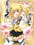  armpits artist_request battle_girl_high_school blonde_hair blue_eyes breasts cleavage dual_wielding flower gloves gun hair_ornament handgun highres holding kougami_kanon medium_breasts official_art open_mouth petals pistol pose skirt solo thighhighs twintails weapon 