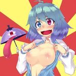  &gt;:) :d ahoge blue_hair blush breasts breasts_outside collarbone commentary_request embarrassed eyebrows_visible_through_hair flashing full-face_blush heterochromia juliet_sleeves karakasa_obake long_sleeves looking_at_viewer macedonian_flag medium_breasts navel nipples no_bra one-eyed open_clothes open_mouth open_shirt puffy_nipples puffy_sleeves revision ringed_eyes saemon_(tonpura) shiny shiny_hair shiny_skin shirt short_hair smile solo sunburst tareme tatara_kogasa teardrop tongue tongue_out touhou umbrella upper_body v-shaped_eyebrows wavy_mouth youkai 