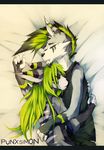  5_fingers anthro black_bars black_nose blonde_hair clothed clothing cuddling duo eyes_closed fur green_hair hair lying male mammal meerkat mongoose piercing punxsimon white_fur 