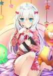  barefoot blue_eyes blush bow eromanga_sensei eyebrows_visible_through_hair hair_bow izumi_sagiri long_hair looking_at_viewer pajamas pink_bow silver_hair solo star stuffed_animal stuffed_toy stylus tablet_pc teddy_bear twitter_username xephonia 