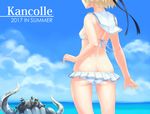  ass bikini black_ribbon blonde_hair blue_sky breasts butt_crack cloud commentary_request copyright_name day enemy_naval_mine_(kantai_collection) frilled_bikini frills funitarefu head_out_of_frame horizon kantai_collection legs_apart out_of_frame outdoors ribbon sailor_bikini sailor_collar shiny shiny_skin sky small_breasts standing swimsuit tentacles wet white_bikini z1_leberecht_maass_(kantai_collection) 