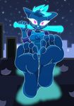  5_toes anthro barefoot blue_fur cat clothed clothing feline female foot_focus fur mae_(nitw) mammal mostlyfunstuff night_in_the_woods pink_eyes star toes 