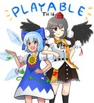  :d ;) arm_on_shoulder black_hair black_legwear black_wings blue_dress blue_eyes blue_hair cirno commentary dress english eyebrows_visible_through_hair fairy_wings flower gradient_ray hat hidden_star_in_four_seasons highres ice ice_wings kneehighs leaf_print multiple_girls one_eye_closed open_mouth pom_pom_(clothes) puffy_short_sleeves puffy_sleeves red_eyes ribbon shameimaru_aya shirt short_hair short_sleeves skirt smile sunflower tan tanned_cirno text_focus tokin_hat touhou upper_body wings 