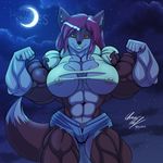  2017 abs anthro biceps big_breasts big_muscles breasts canine clothing cloud fangs female flexing invalid_tag looking_at_viewer lunardiaries mammal moon muscular muscular_female navel night nipples shirt shorts smile solo star teeth torn_clothing were werewolf wolf 