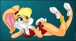  3_toes anthro barefoot blonde_hair blue_background blue_eyes bracelet clothing female fur gloves hair jewelry lagomorph lola lola_bunny long_ears looney_tunes mammal orange_fur rabbit simple_background swimsuit toes verona7881 warner_brothers white_fur 