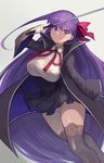  absurdres bb_(fate)_(all) bb_(fate/extra_ccc) black_legwear breasts cape fate/extra fate/extra_ccc fate_(series) gloves hair_ribbon highres holding holding_wand lace lace-trimmed_thighhighs large_breasts long_hair purple_eyes purple_hair ribbon sawawse smile solo thighhighs very_long_hair wand white_gloves 
