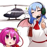  &gt;:) 2girls :o =_= aircraft ascot bat_wings blue_hair blush book commentary empty_eyes fang hairband headset heart helicopter holding holding_book kameyan komeiji_satori multiple_girls pink_eyes pink_hair remilia_scarlet short_hair simple_background smile sparkle third_eye thumbs_up touhou translated v-shaped_eyebrows white_background wings 