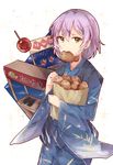  absurdres alternate_costume brown_eyes candy_apple food highres japanese_clothes kantai_collection kimono long_sleeves mouth_hold obi purple_hair sash short_hair solo taiyaki tama_(kantai_collection) wagashi white_background wide_sleeves yukata zhi_zhi/zu_zu 