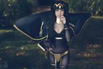  1girl beke_(cosplayer) black_hair blue_eyes bodystocking bodysuit book bra breasts cleavage collar cosplay fire_emblem forest hair_ornament long_hair looking_at_viewer smile solo tharja twintails 