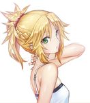  bangs bare_arms bare_shoulders blonde_hair camisole fate/apocrypha fate_(series) from_side green_eyes hair_ornament hair_scrunchie kengzeta looking_at_viewer looking_to_the_side mordred_(fate) mordred_(fate)_(all) parted_bangs parted_lips ponytail red_scrunchie scrunchie sidelocks solo upper_body 