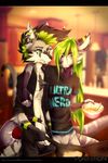  anthro black_bars blurred_background brothers clothed clothing duo ear_piercing food green_eyes hair long_hair mammal meerkat mongoose piercing punxsimon sibling smile 