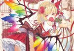  blonde_hair braid cage chain colored_pencil_(medium) flandre_scarlet flower graphite_(medium) hair_flower hair_ornament hair_ribbon half-closed_eyes highres looking_at_viewer petticoat pointy_ears red_eyes red_flower red_ribbon red_rose red_skirt ribbon rose sash shoulder_cutout side_ponytail skirt solo touhou toutenkou traditional_media vest watercolor_(medium) wings 