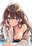  :3 antenna_hair black_bra blue_eyes bra breasts brown_hair chin_rest cleavage earrings eyelashes ichinose_shiki idolmaster idolmaster_cinderella_girls jewelry long_hair lying medium_breasts off_shoulder on_stomach smile solo strap_slip underwear yuzuki_karu 