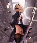 :o back_cutout blindfold blonde_hair boots building from_behind from_below fur_trim gloves juliet_sleeves long_sleeves looking_back nier_(series) nier_automata outdoors pod_(nier_automata) puffy_sleeves shoulder_blades side_slit thigh_boots thighhighs yorha_no._2_type_b zzing 